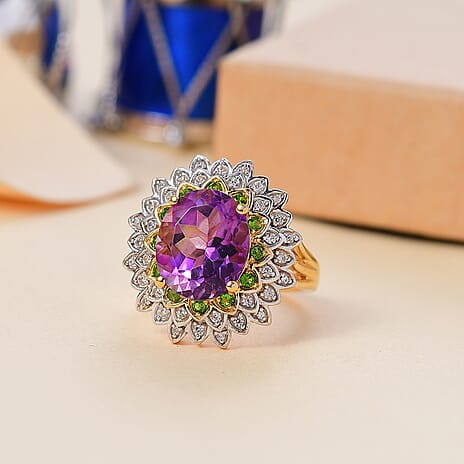 Moroccan Amethyst, Natural Chrome Diopside & White Zircon Floral Ring in 18K Vermeil Yellow Gold Plated Sterling Silver 5.26 Ct.