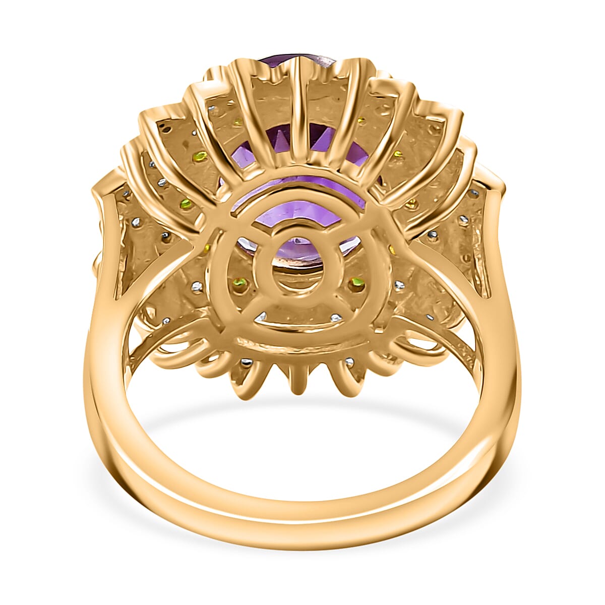 Moroccan Amethyst, Natural Chrome Diopside & White Zircon Floral Ring in 18K Vermeil Yellow Gold Plated Sterling Silver 5.26 Ct. Moroccan Amethyst, Natural Chrome Diopside & White Zircon Floral Ring in 18K Vermeil Yellow Gold Plated Sterling Silver 5.26 Ct.