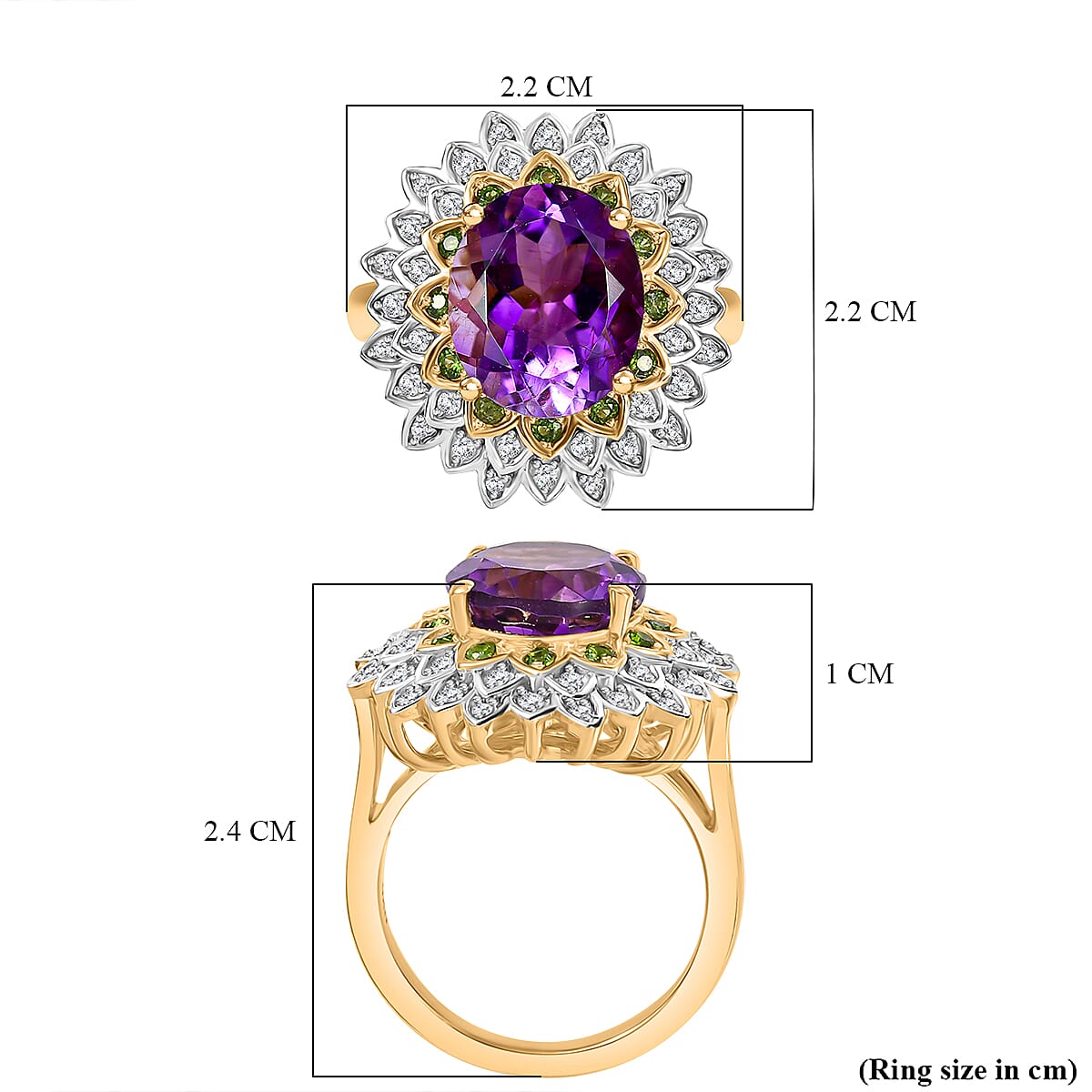 Moroccan Amethyst, Natural Chrome Diopside & White Zircon Floral Ring in 18K Vermeil Yellow Gold Plated Sterling Silver 5.26 Ct. Moroccan Amethyst, Natural Chrome Diopside & White Zircon Floral Ring in 18K Vermeil Yellow Gold Plated Sterling Silver 5.26 Ct.