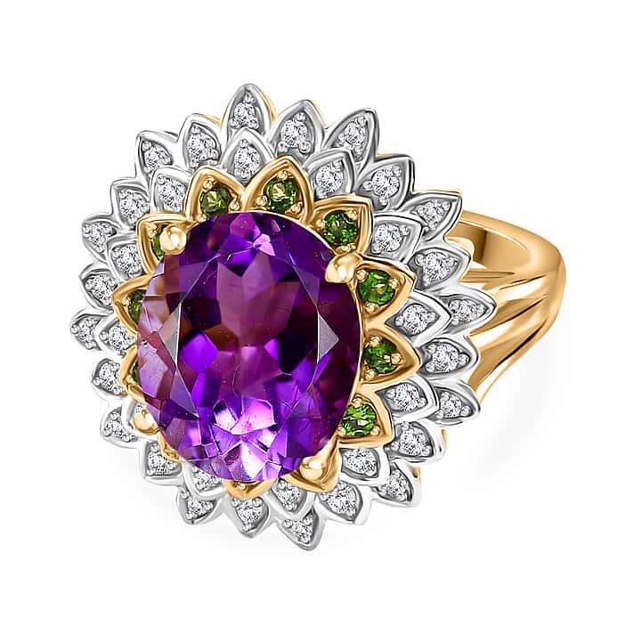 Moroccan Amethyst, Natural Chrome Diopside, White Zircon Floral Ring in 18K Yellow Gold Vermeil Plated Sterling Silver 5.72 ct.