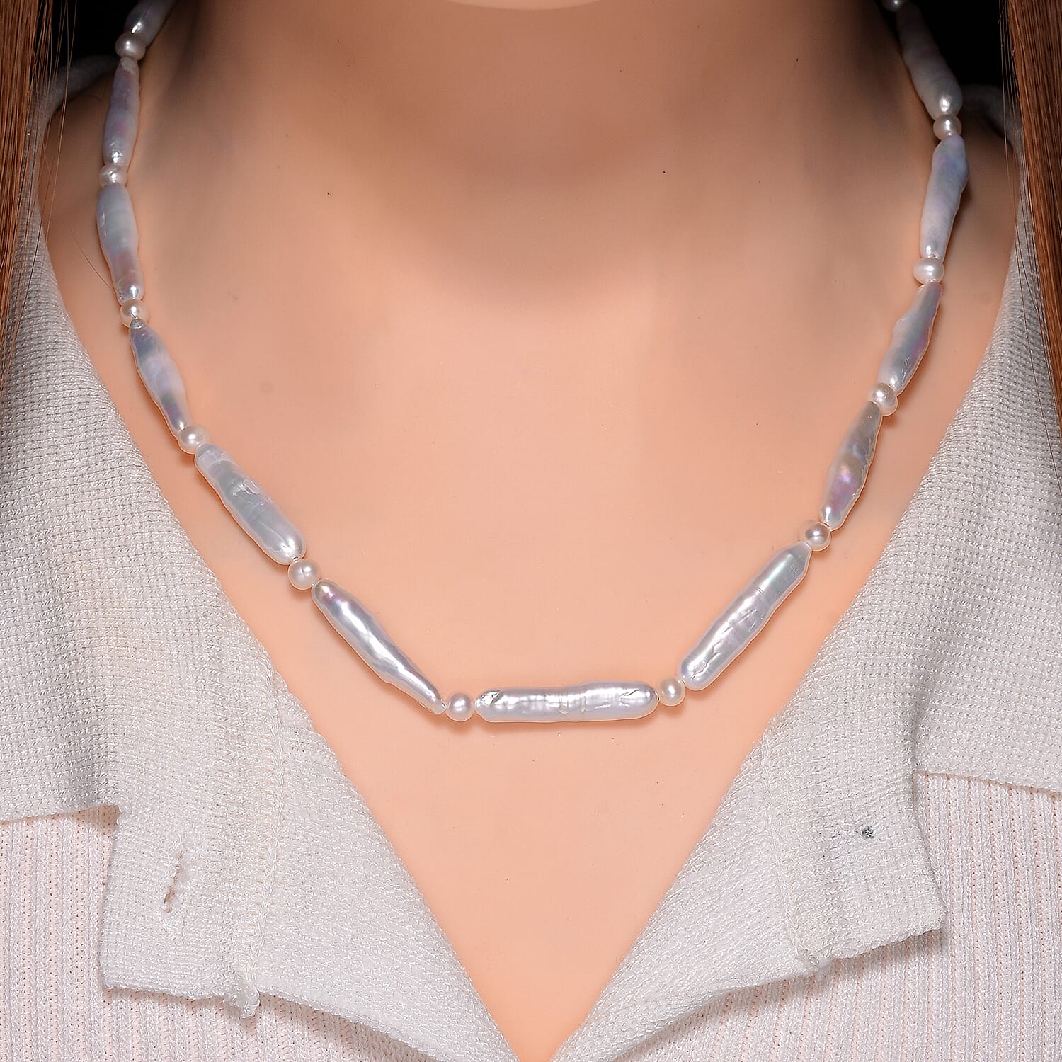 White Keshi Pearl,White Fresh Water Pearl Necklace (Size - 20) in Rhodium Sterling Silver 95.00 Ct