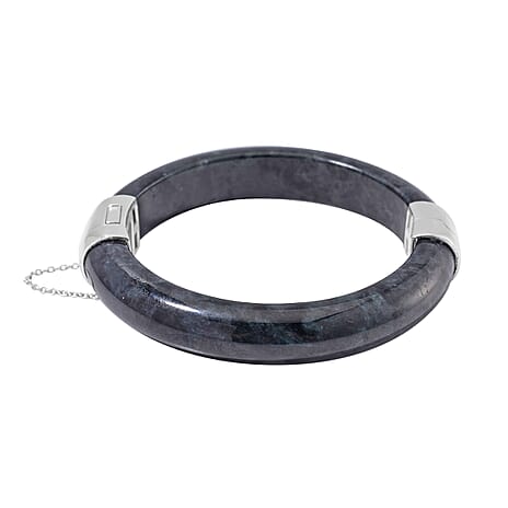 RARE OPPORTUNITY - Natural Black Jadeite Jade Bangle (Size 7.5) in Rhodium Overlay Sterling Silver 250.00 Ct