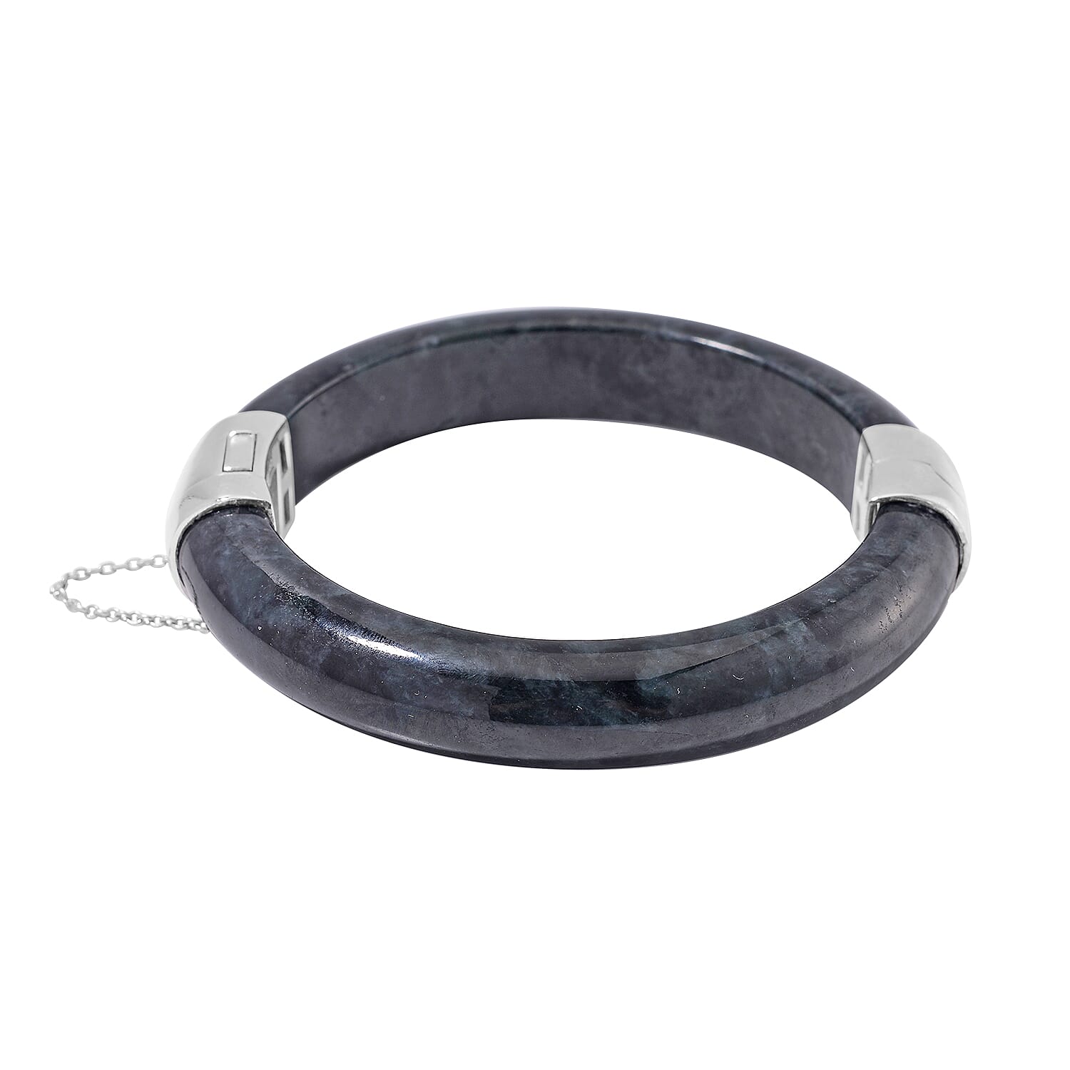RARE OPPORTUNITY - Natural Black Jadeite Jade Bangle (Size 7.5) in Rhodium Overlay Sterling Silver 250.00 Ct