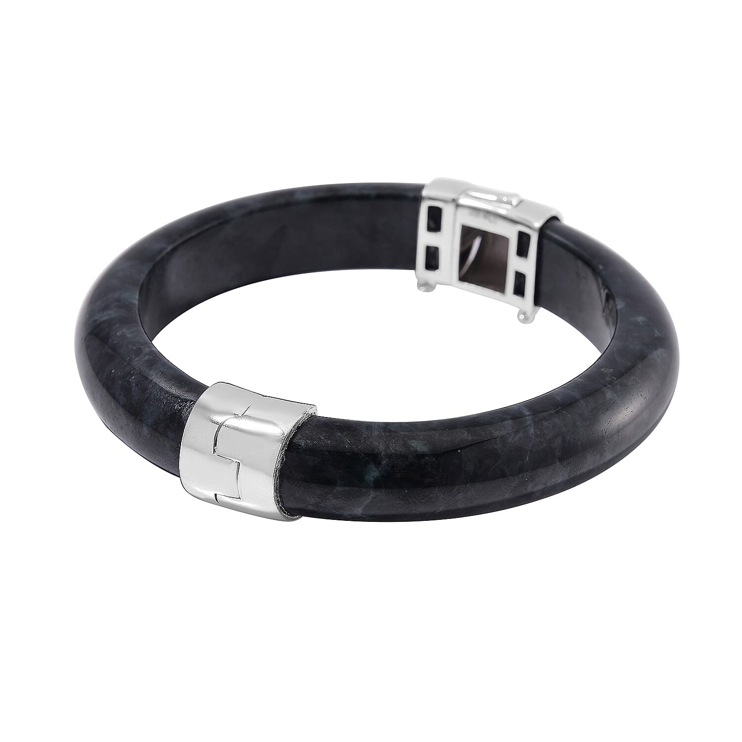 RARE OPPORTUNITY - Natural Black Jadeite Jade Bangle (Size 7.5) in Rhodium Overlay Sterling Silver 250.00 Ct