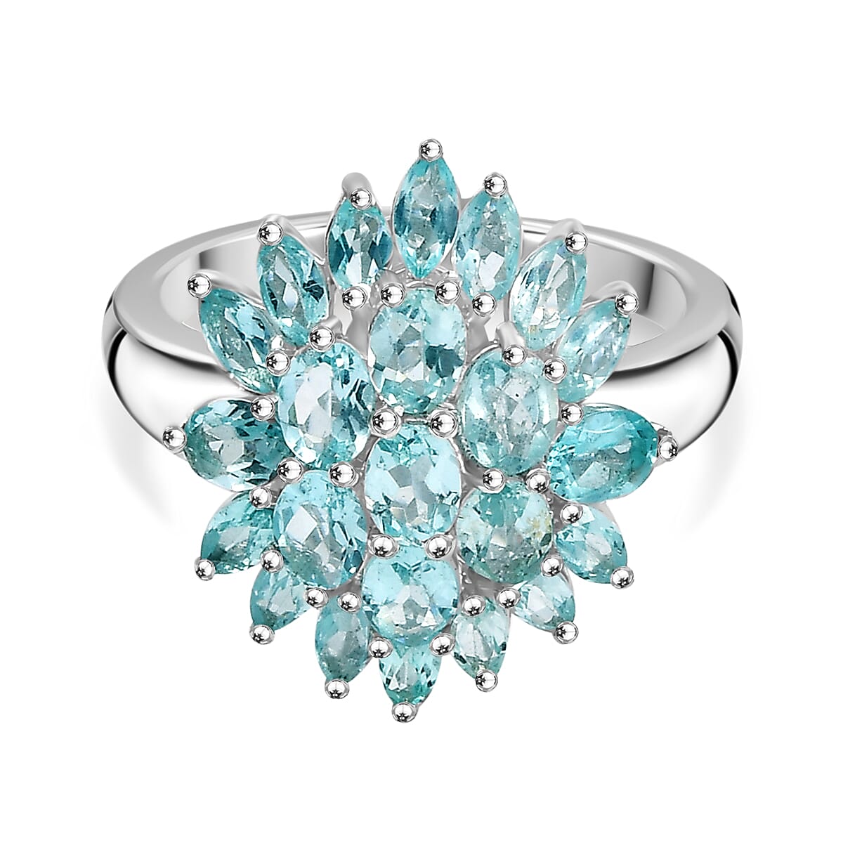 Lagoon Apatite Cluster Ring in Rhodium Overlay Sterling Silver 3.28 Ct.