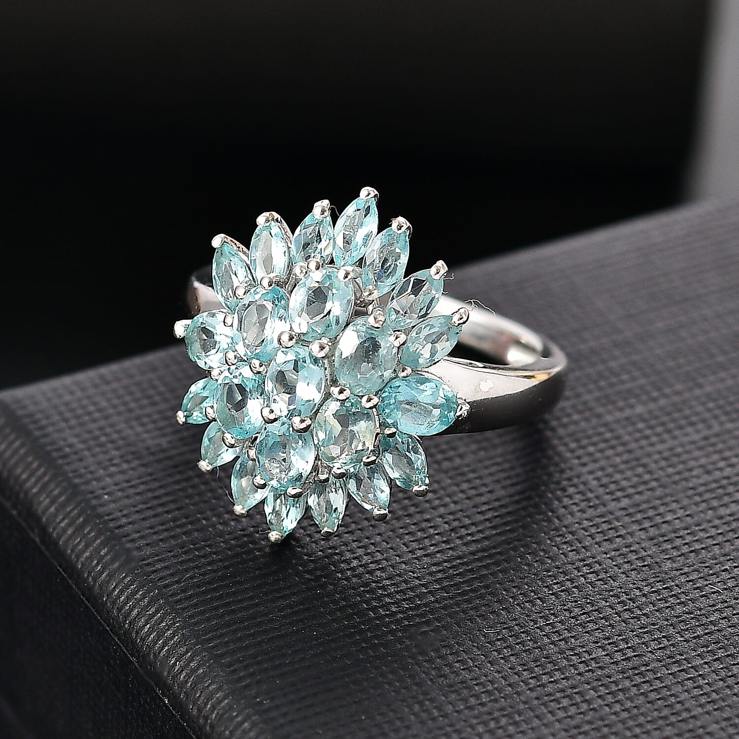 Lagoon Apatite Cluster Ring in Rhodium Overlay Sterling Silver 3.28 Ct.