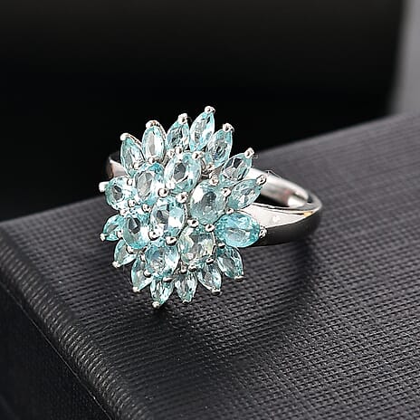 Lagoon Apatite Cluster Ring in Rhodium Overlay Sterling Silver 3.28 Ct.