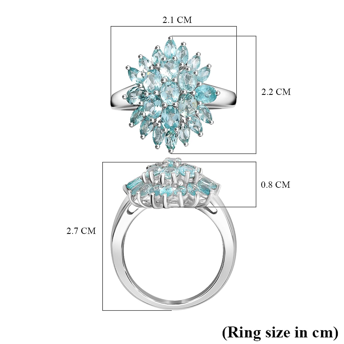 Lagoon Apatite Cluster Ring in Rhodium Overlay Sterling Silver 3.28 Ct.