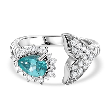 Lagoon Apatite & White Zircon Fancy Ring in Rhodium Overlay Sterling Silver 1.25 Ct.