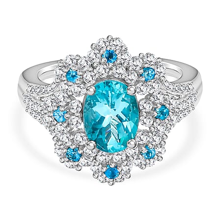 Lagoon Apatite, White Zircon & Neon Apatite Ring in Rhodium Overlay Sterling Silver 2.22 Ct.