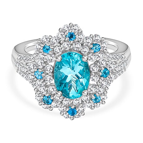 Lagoon Apatite, White Zircon & Neon Apatite Ring in Rhodium Overlay Sterling Silver 2.21 Ct.