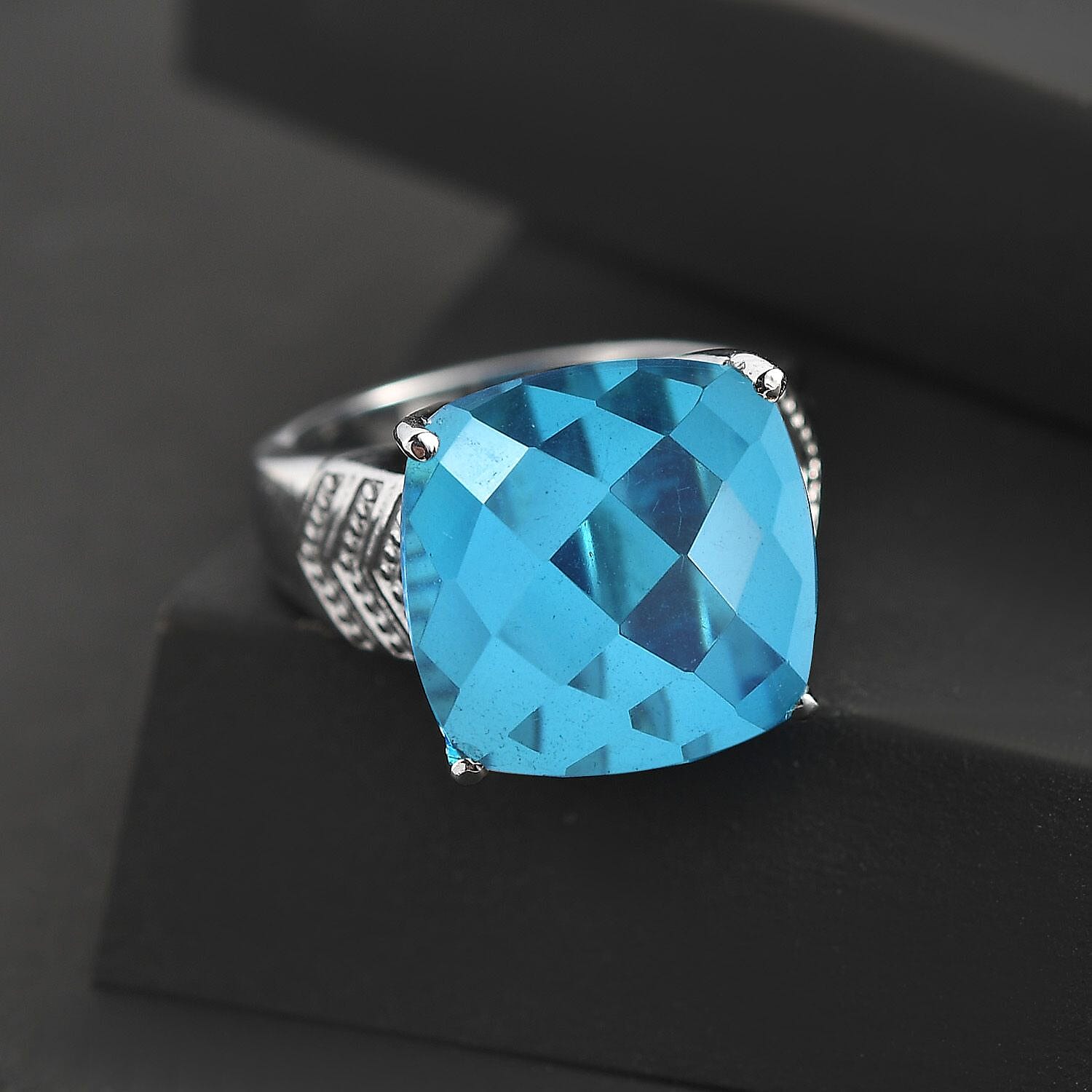 Carribean Quartz Solitaire Ring in Platinum Overlay 11.04 Ct.