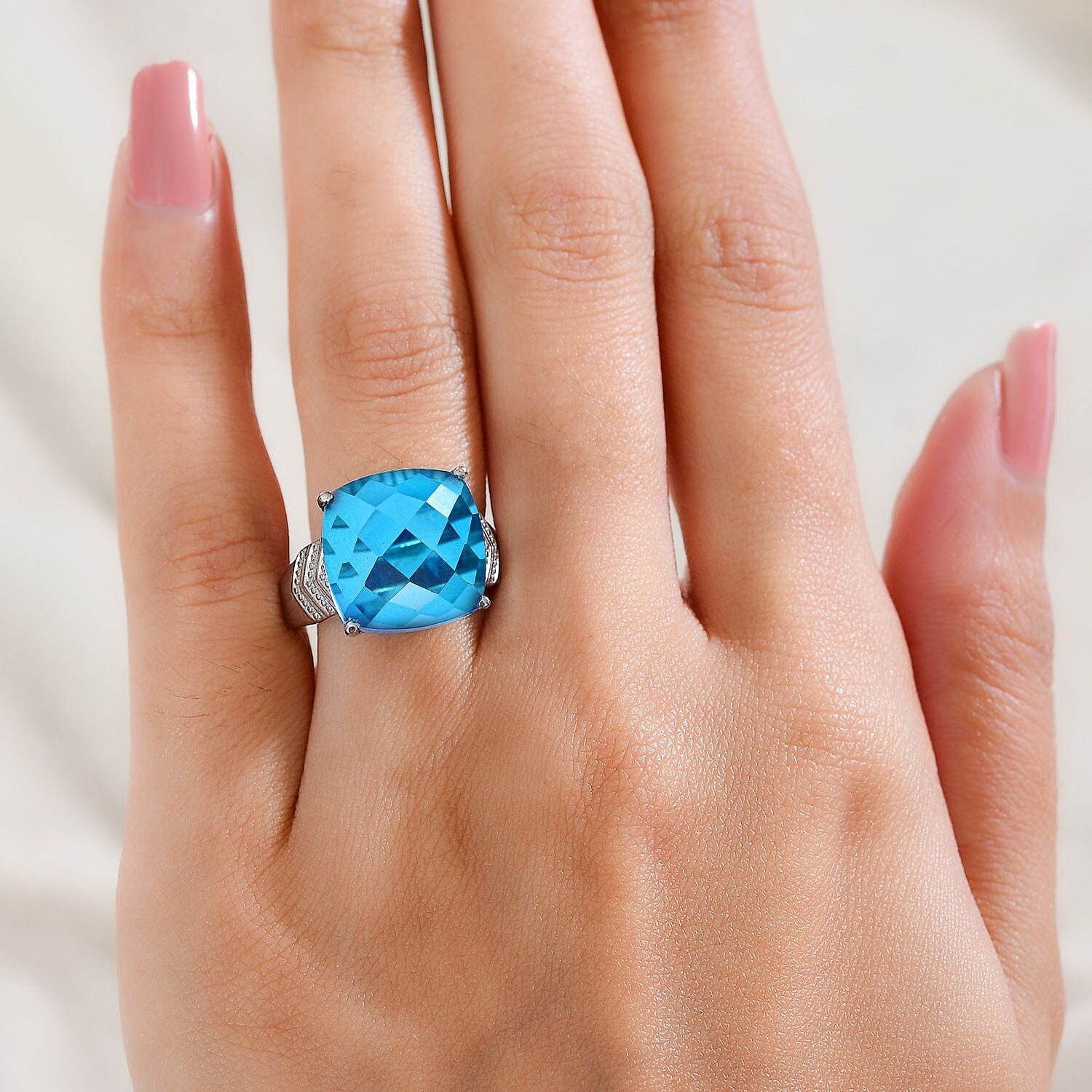 Carribean Quartz Solitaire Ring in Platinum Overlay 11.04 Ct.