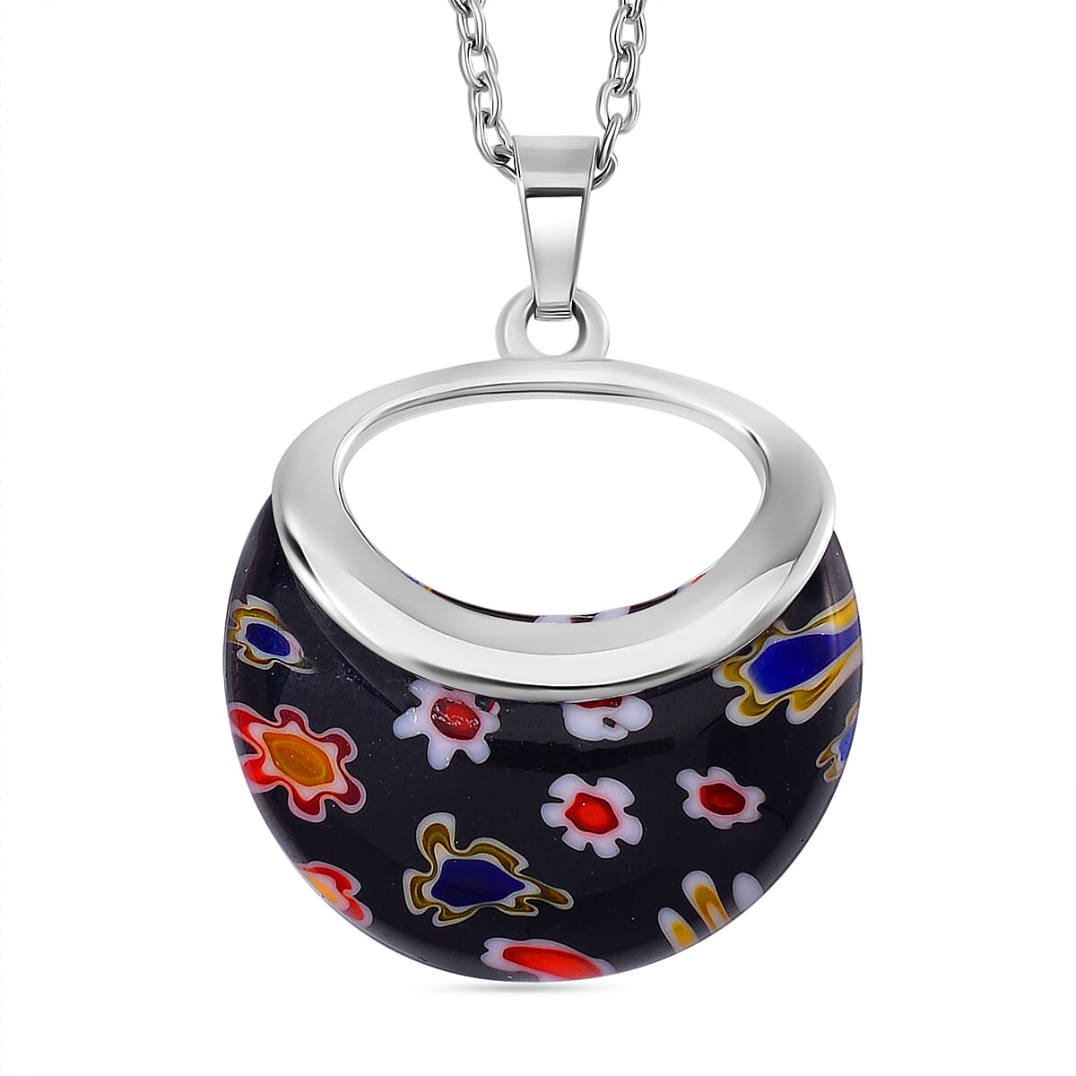 Black Color Murano Glass Necklace (Size - 24) in White Tone Black Color Murano Glass Necklace (Size - 24) in White Tone