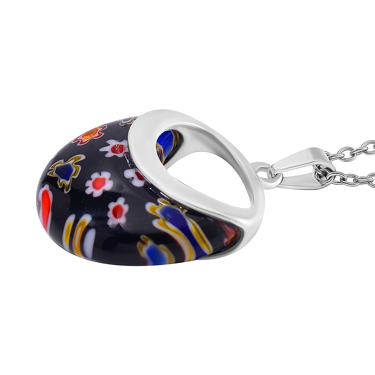 Black Color Murano Glass Necklace (Size - 24) in White Tone Black Color Murano Glass Necklace (Size - 24) in White Tone