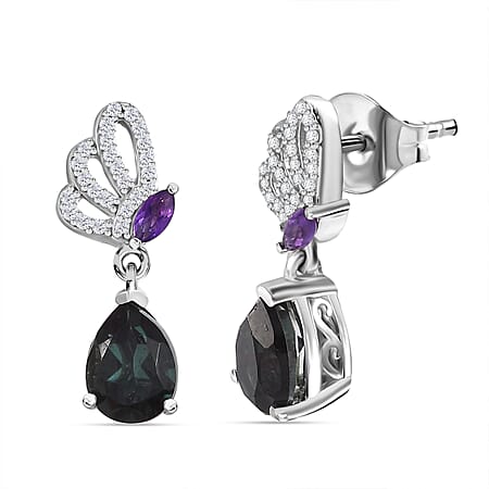 Alexandrite Triplet Quartz, White Zircon, African Amethyst Butterfly Drop Earrings in Rhodium Overlay Sterling Silver