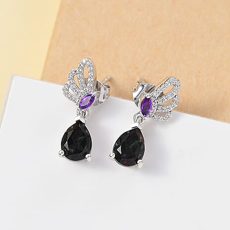 Alexandrite Triplet Quartz, White Zircon, African Amethyst Solitaire Stud Push Post Earring in Rhodium Overlay Sterling Silver 3.17 Ct.