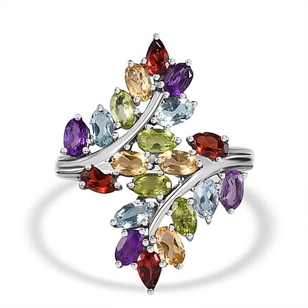 Red Garnet, Multi Gemstones Cluster Ring in Silver Tone 5.09 Ct.