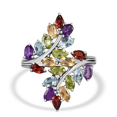 Red Garnet, Multi Gemstones Cluster Ring in Silver Tone 5.09 Ct. Red Garnet, Multi Gemstones Cluster Ring in Silver Tone 5.09 Ct.