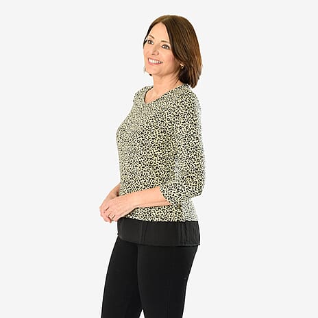 Auburn Animal Printed Top with Chiffon Hem (Size L) - Beige