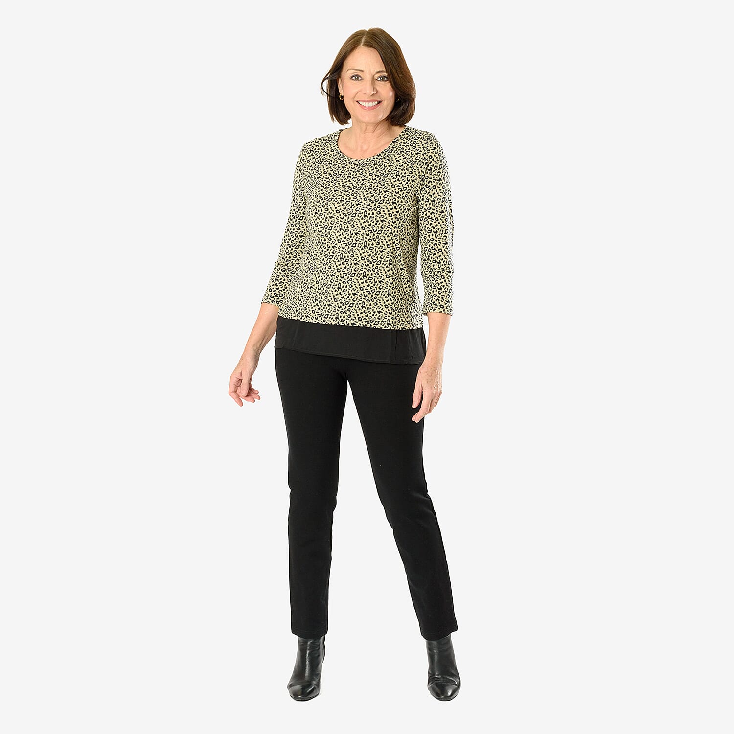 Auburn Animal Printed Top with Chiffon Hem (Size L) - Beige