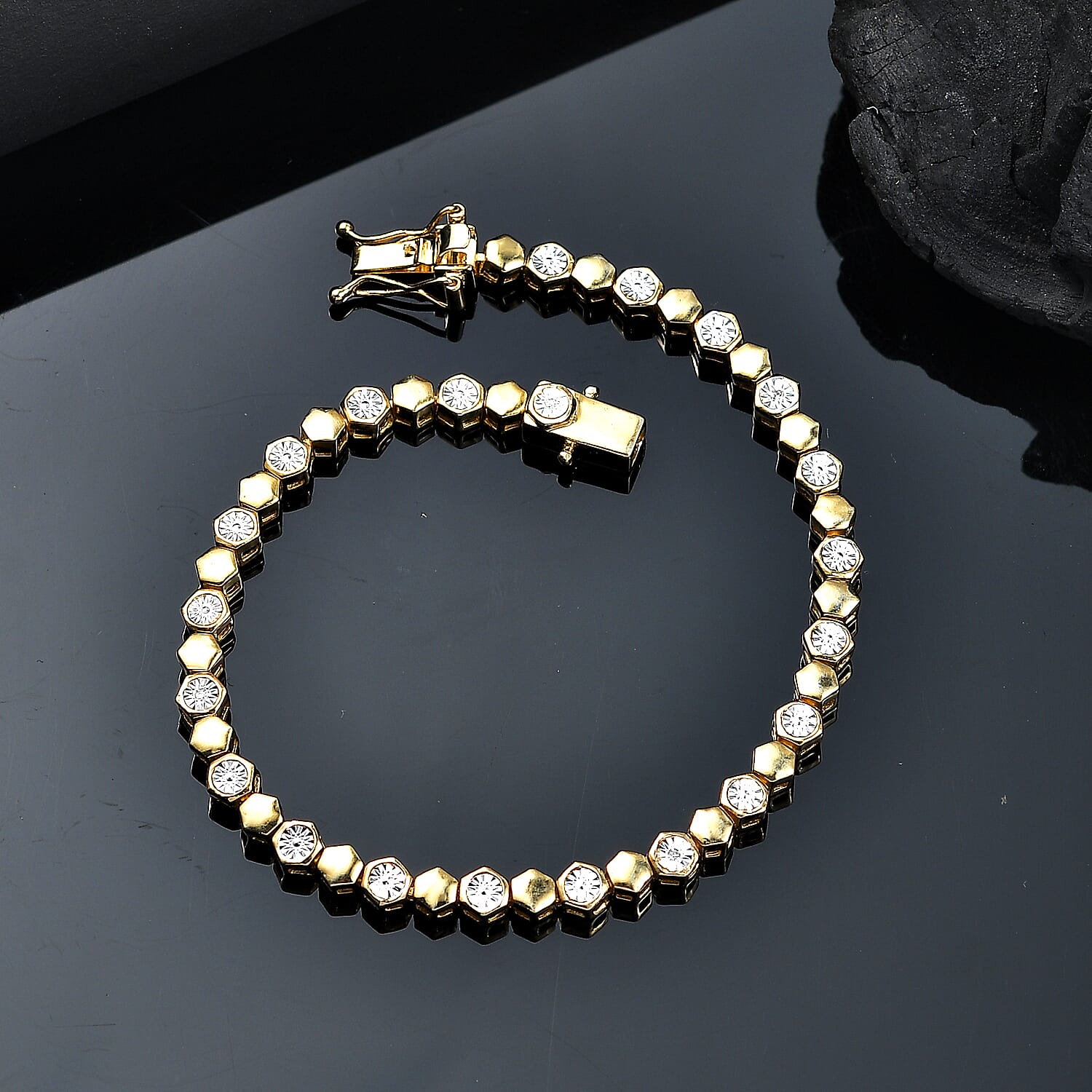 First Time Ever - Natural White Diamond Honey Comb Bracelet (Size 7.5) in Yellow Gold Tone