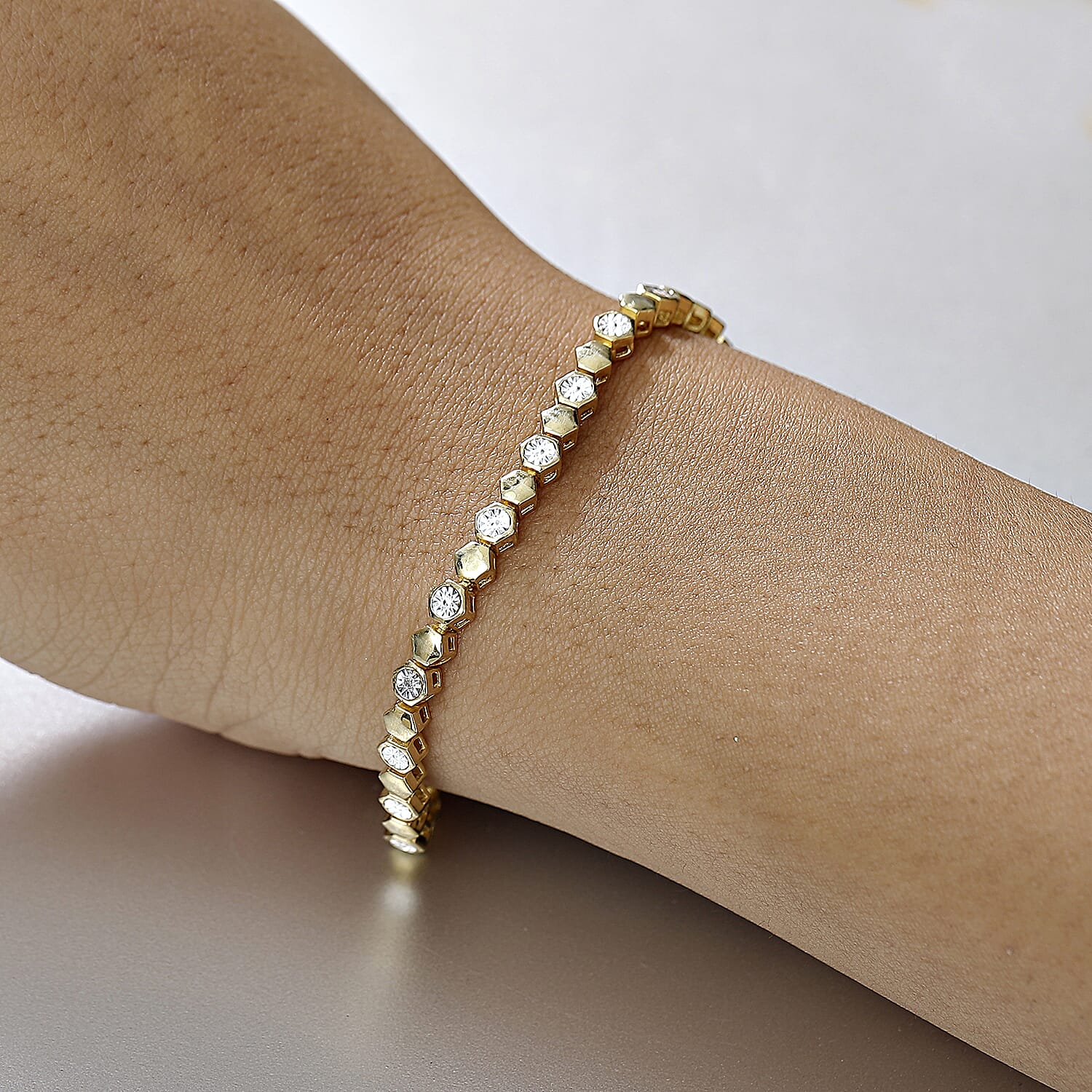 First Time Ever - Natural White Diamond Honey Comb Bracelet (Size 7.5) in Yellow Gold Tone