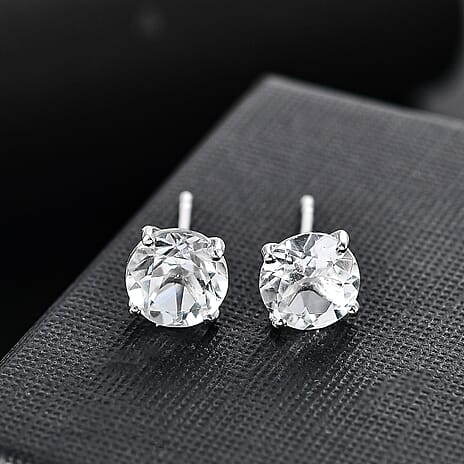 White Topaz Solitaire Stud Push Post Earring in Rhodium Overlay Sterling Silver 4.17 Ct.