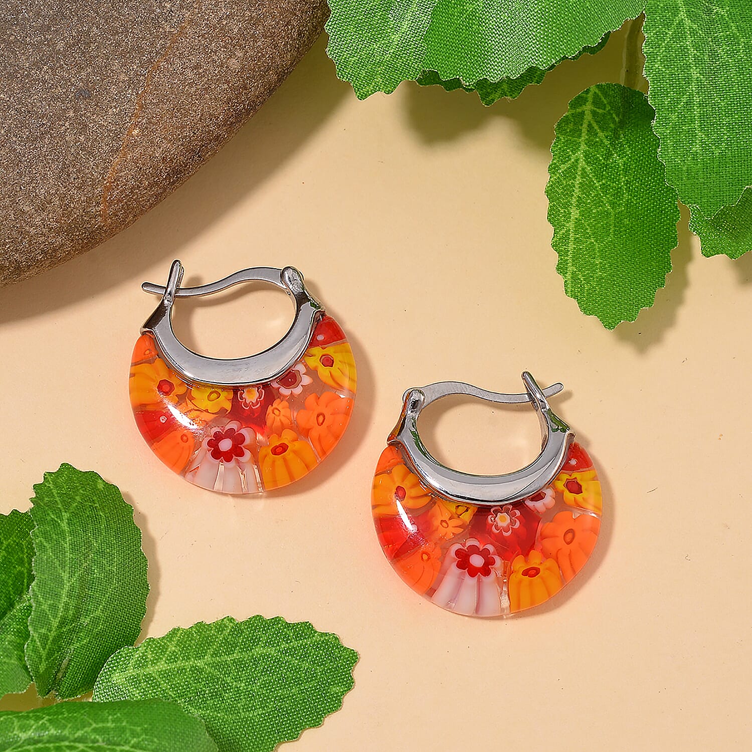 Orange Color Murano Glass Earrings with Clasp in Stainless Steel