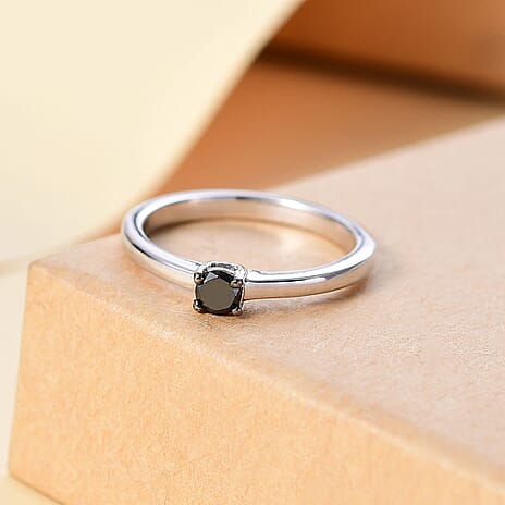 Black Diamond Solitaire Ring in Rhodium Overlay Sterling Silver 0.20 ct