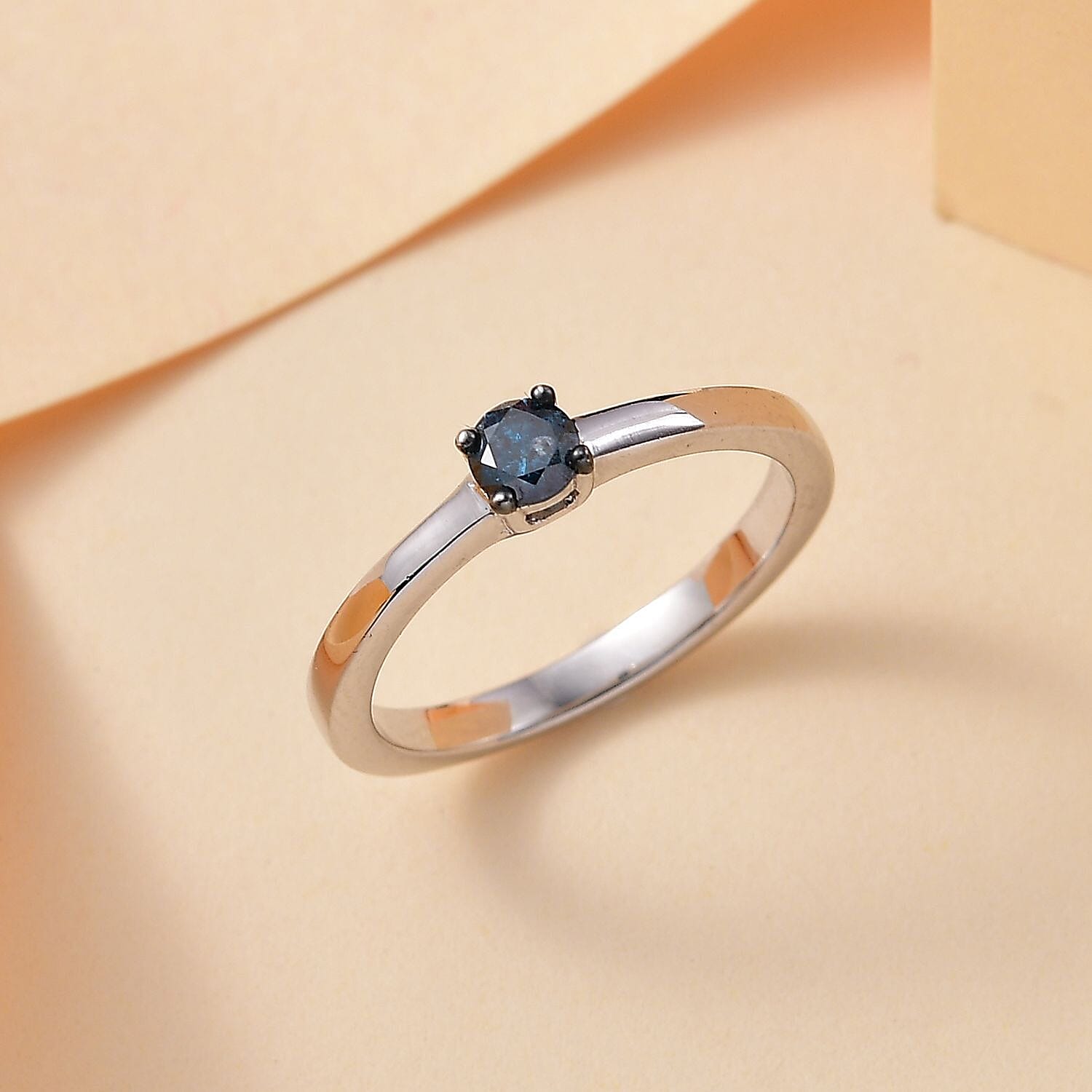 Blue Diamond Solitaire Ring in Rhodium Overlay Sterling Silver 0.20 Ct.