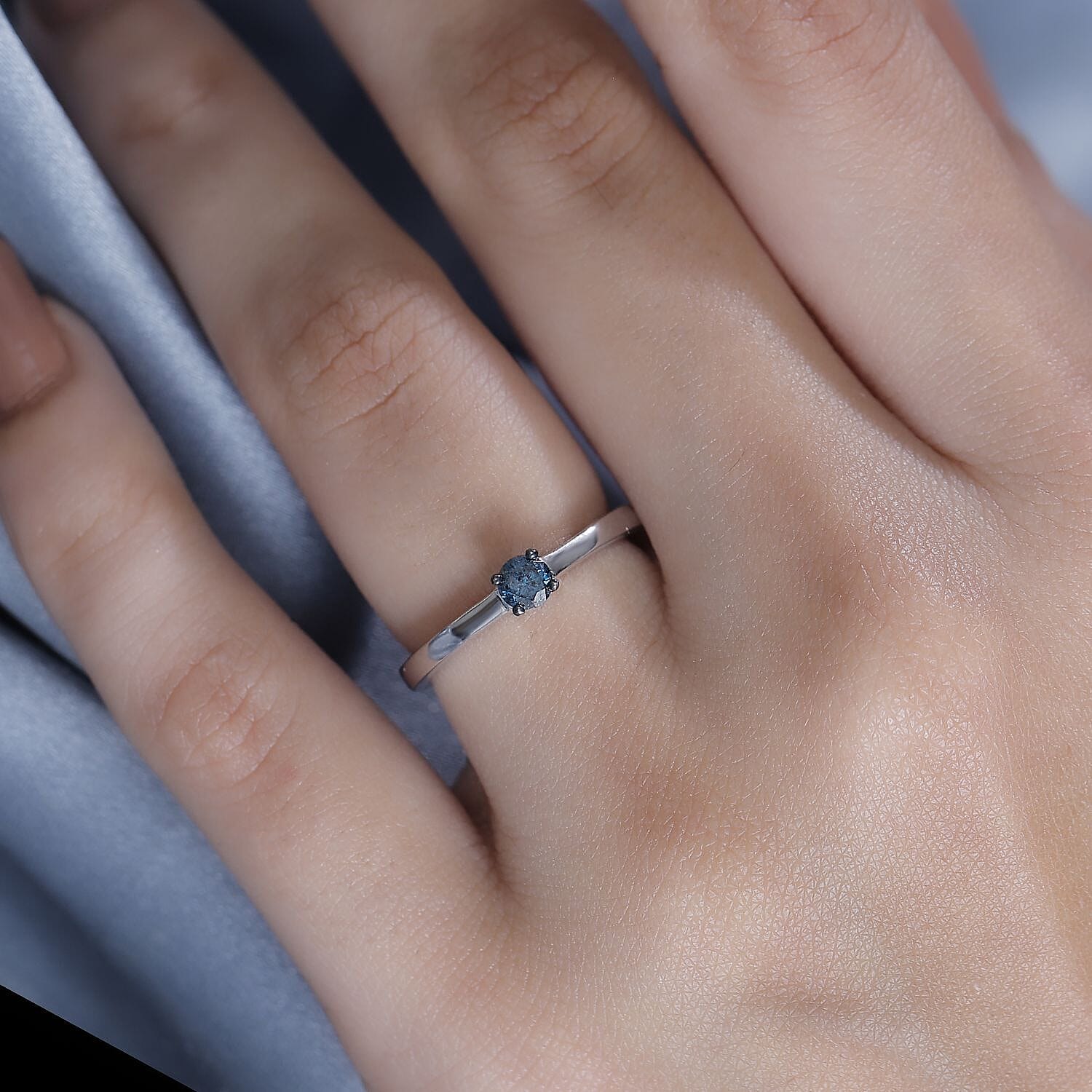 Blue Diamond Solitaire Ring in Rhodium Overlay Sterling Silver 0.20 Ct.