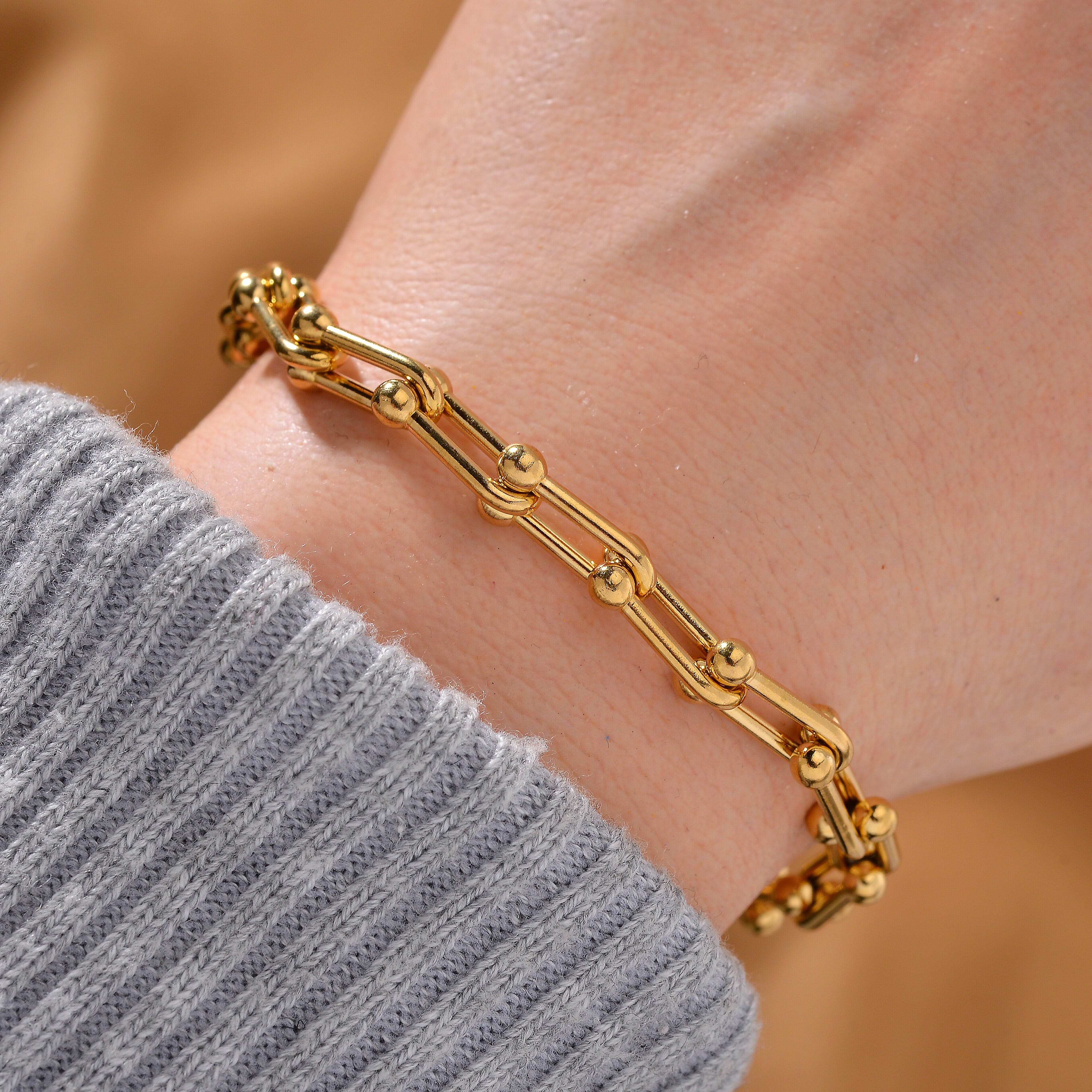 Designer Inspired Industrial Bracelet With Lobster Clasp (Size - 7.5-2 EXT) in Yellow Gold Tone