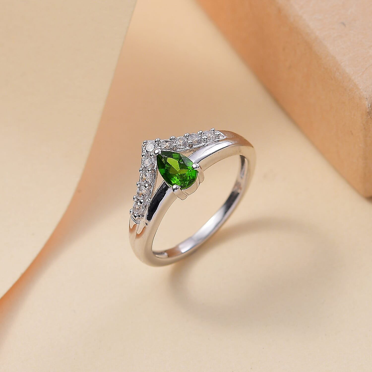 Natural Chrome Diopside, Natural White Zircon Crown Ring in Rhodium Overlay Sterling Silver