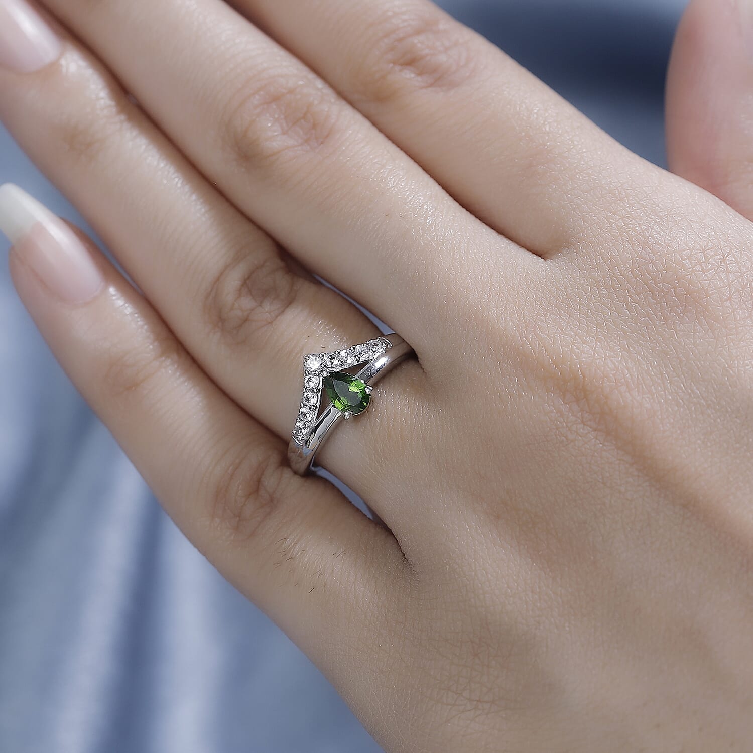 Natural Chrome Diopside, Natural White Zircon Crown Ring in Rhodium Overlay Sterling Silver