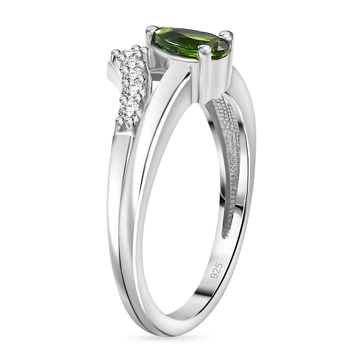 Natural Chrome Diopside, Natural White Zircon Crown Ring in Rhodium Overlay Sterling Silver