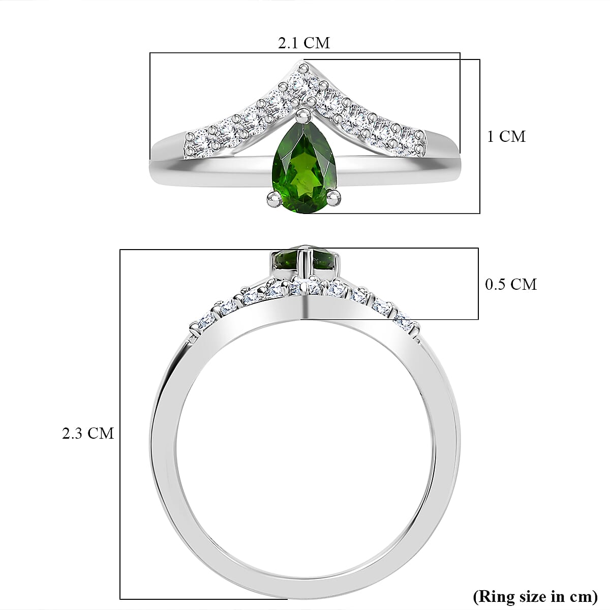 Natural Chrome Diopside, Natural White Zircon Crown Ring in Rhodium Overlay Sterling Silver