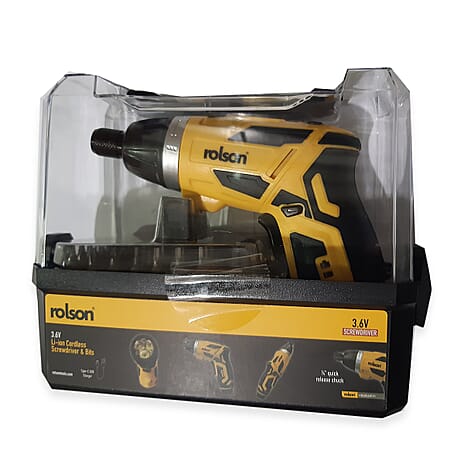 Rolson 3.6v Li-on Cordless Screwdriver & Bits Accessory Set - Yellow
