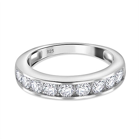 Moissanite Band Ring GRA Certified in Rhodium Overlay Sterling Silver 0.99 Ct.