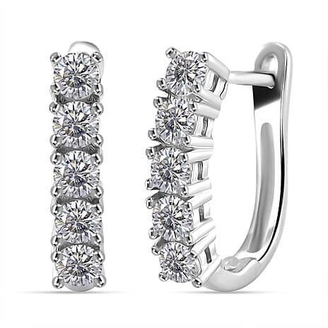RADIANTA Moissanite - GRA Certified D-VVS1 Moissanite J Hoop Half Hoop Earring in Rhodium Overlay Sterling Silver 1.11 Ct.