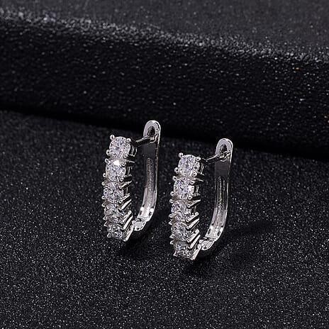 RADIANTA Moissanite - GRA Certified D-VVS1 Moissanite J Hoop Half Hoop Earring in Rhodium Overlay Sterling Silver 1.11 Ct.
