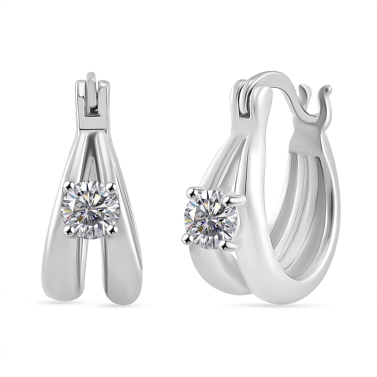 RADIANTA Moissanite - GRA Certified D-VVS1 Moissanite J Hoop Half Hoop Earring With Clasp in Rhodium Overlay Sterling Silver.