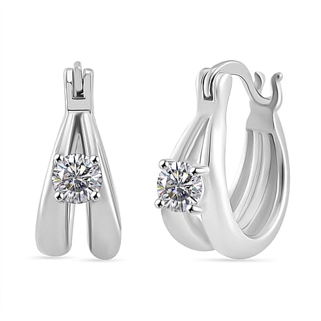 RADIANTA Moissanite - GRA Certified D-VVS1 Moissanite J Hoop Half Hoop Earring With Clasp in Rhodium Overlay Sterling Silver.