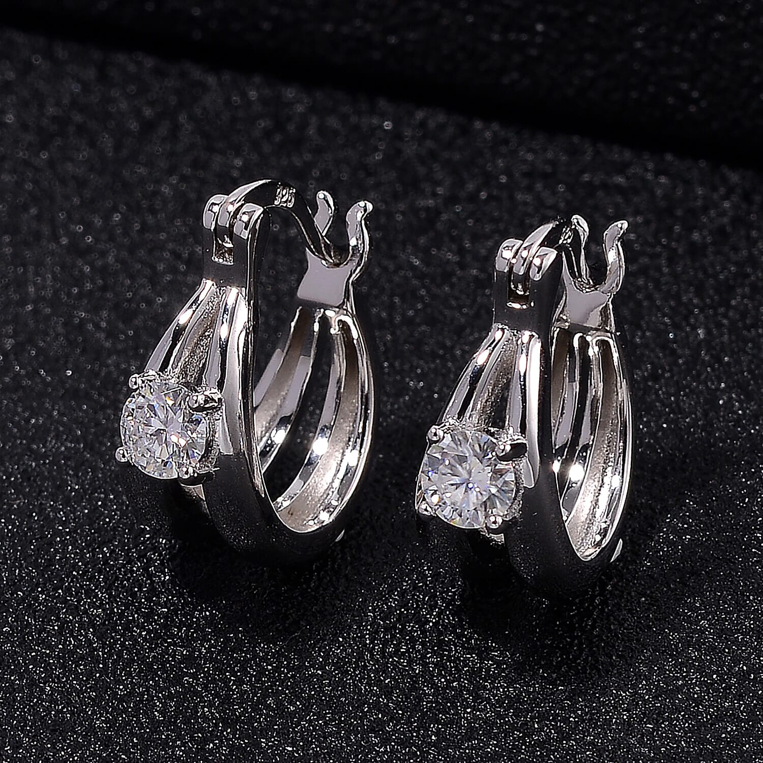 RADIANTA Moissanite - GRA Certified D-VVS1 Moissanite J Hoop Half Hoop Earring With Clasp in Rhodium Overlay Sterling Silver.