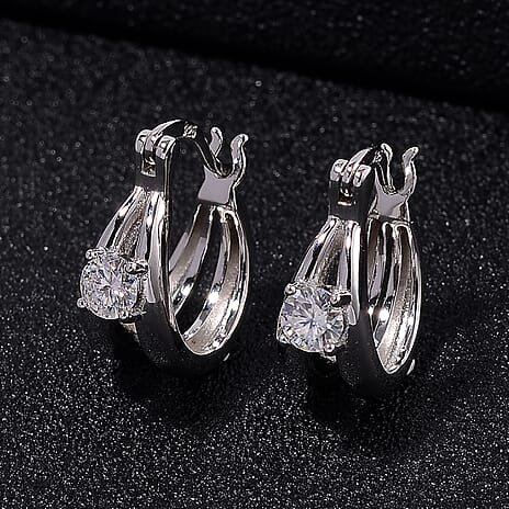 RADIANTA Moissanite - GRA Certified D-VVS1 Moissanite J Hoop Half Hoop Earring With Clasp in Rhodium Overlay Sterling Silver.