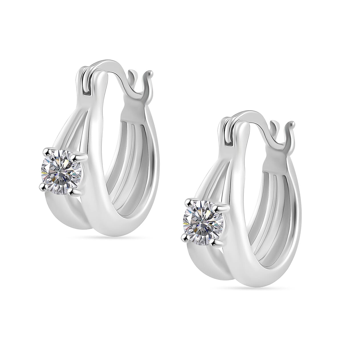 RADIANTA Moissanite - GRA Certified D-VVS1 Moissanite J Hoop Half Hoop Earring With Clasp in Rhodium Overlay Sterling Silver.