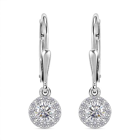 Moissanite Solitaire Earring With Lever Back in Rhodium Overlay Sterling Silver 1.01 Ct.