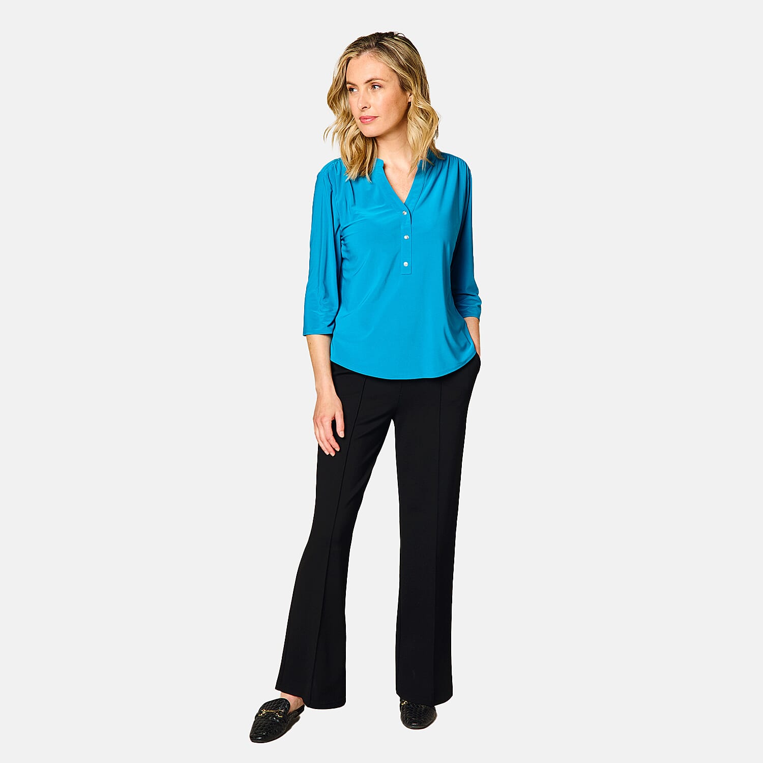 Emreco 3/4 Sleeve Plain Mandarin Collar Blouse