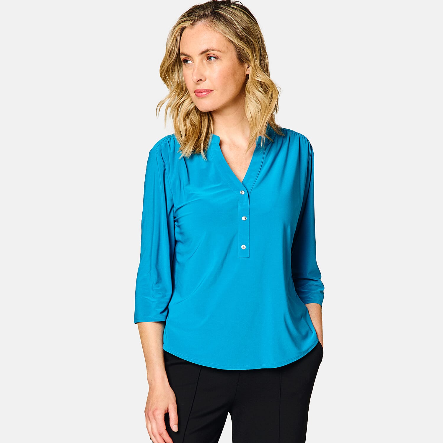 Emreco 3/4 Sleeve Plain Mandarin Collar Blouse