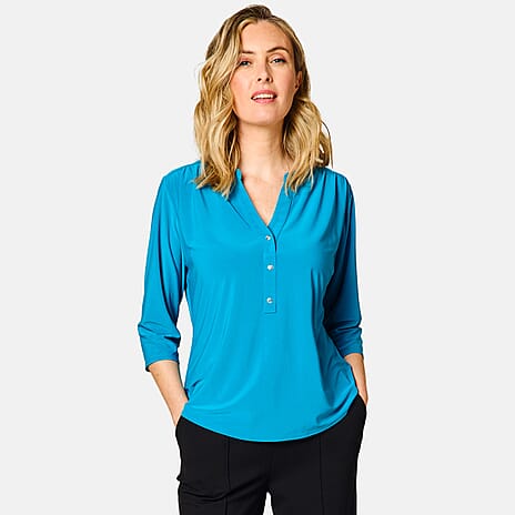 Emreco 3-4 Sleeves Plain Mandarin Collar Blouse (Size 16) - Teal